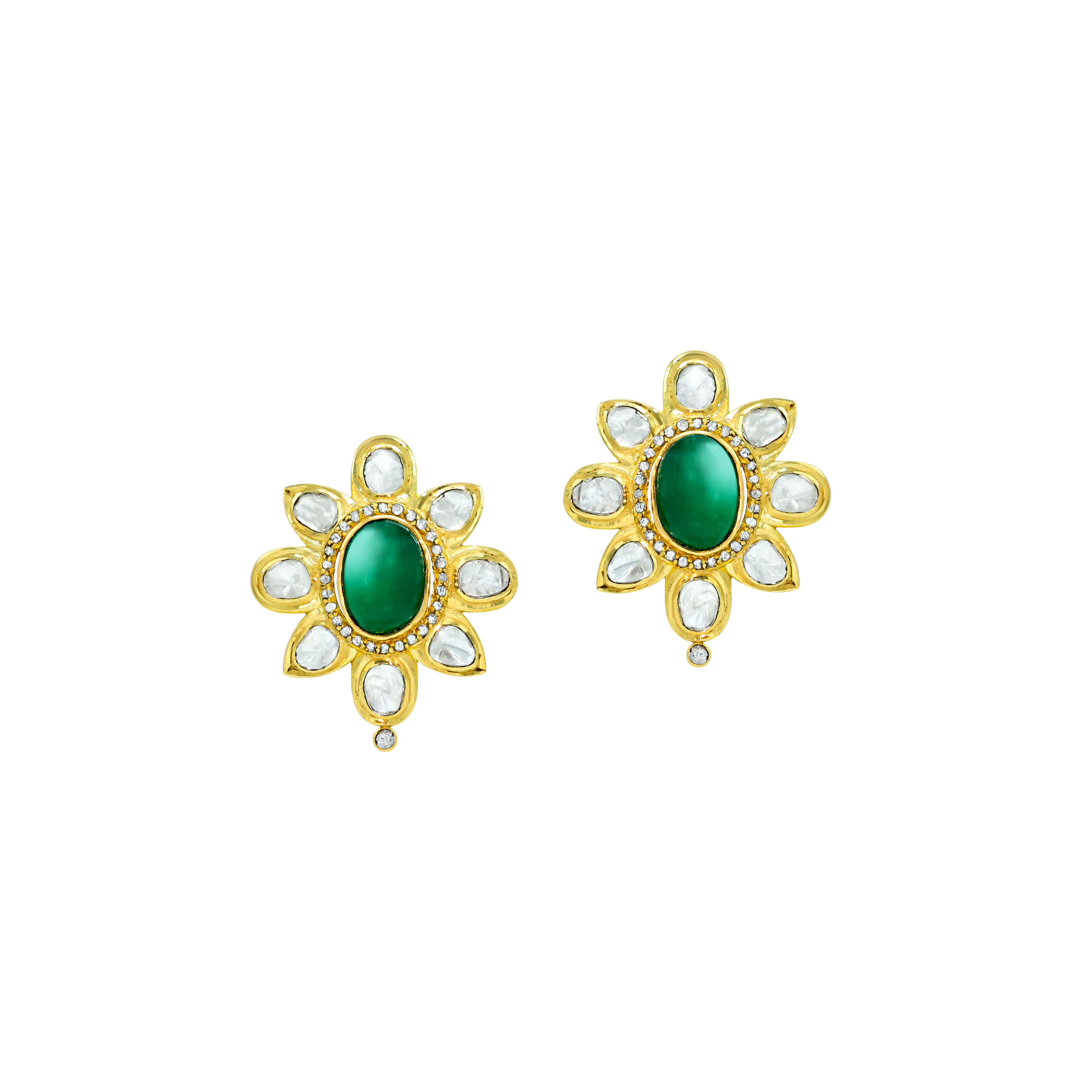 Gold Floral Studs with Emerald Cabochons and Polki Petals